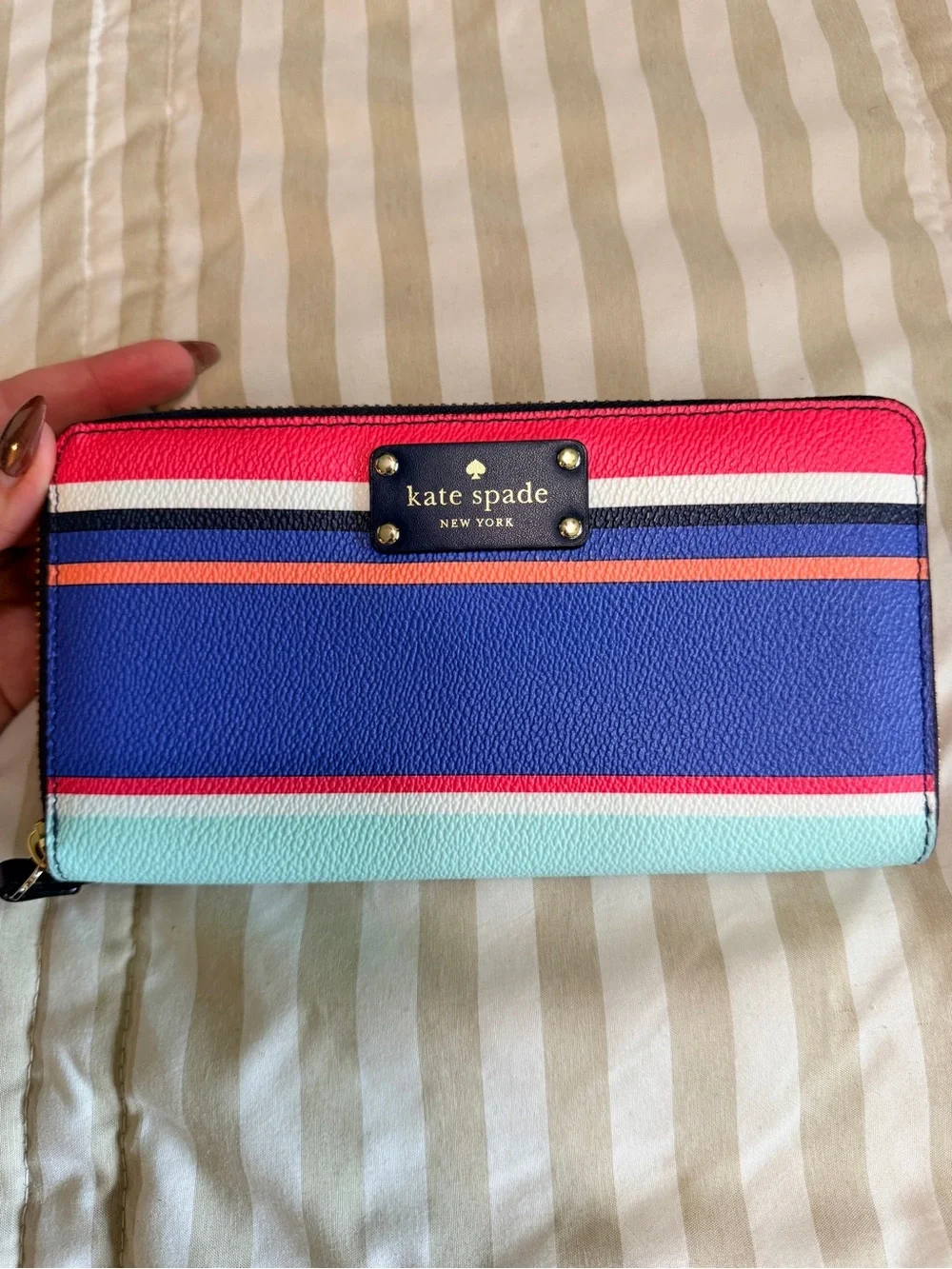 kate spade Striped Zip Wallet in Blue, Pink & Mint